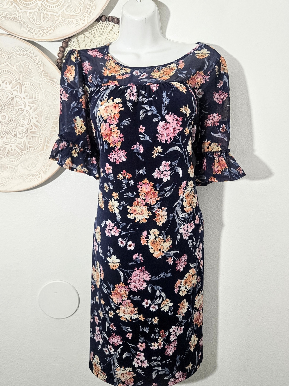 Navy Floral Midi Dress with Ruffle Elbow Sleeves Medium